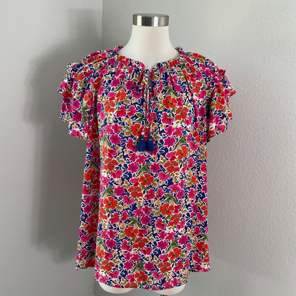Rose + Olive Womens Plus 1X Floral Ruffle Sleeve Blouse Tassel‎ Tie Boho Shirt